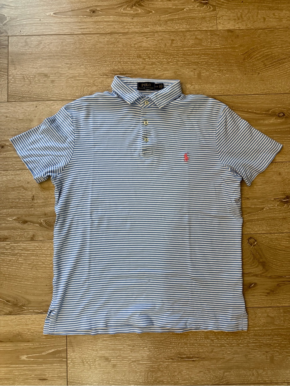 Polo by Ralph Lauren Light Blue & White Striped Polo with Pink Pony